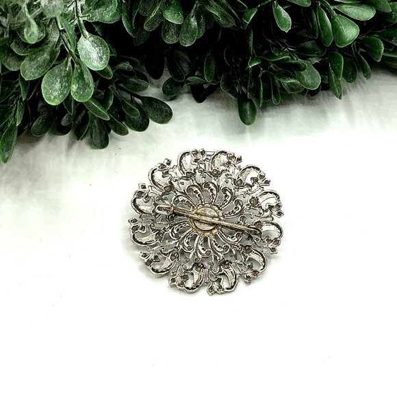 Vintage Textured Filigree Floral Burst Statement Brooch Silver Tone - Picture 3 of 5